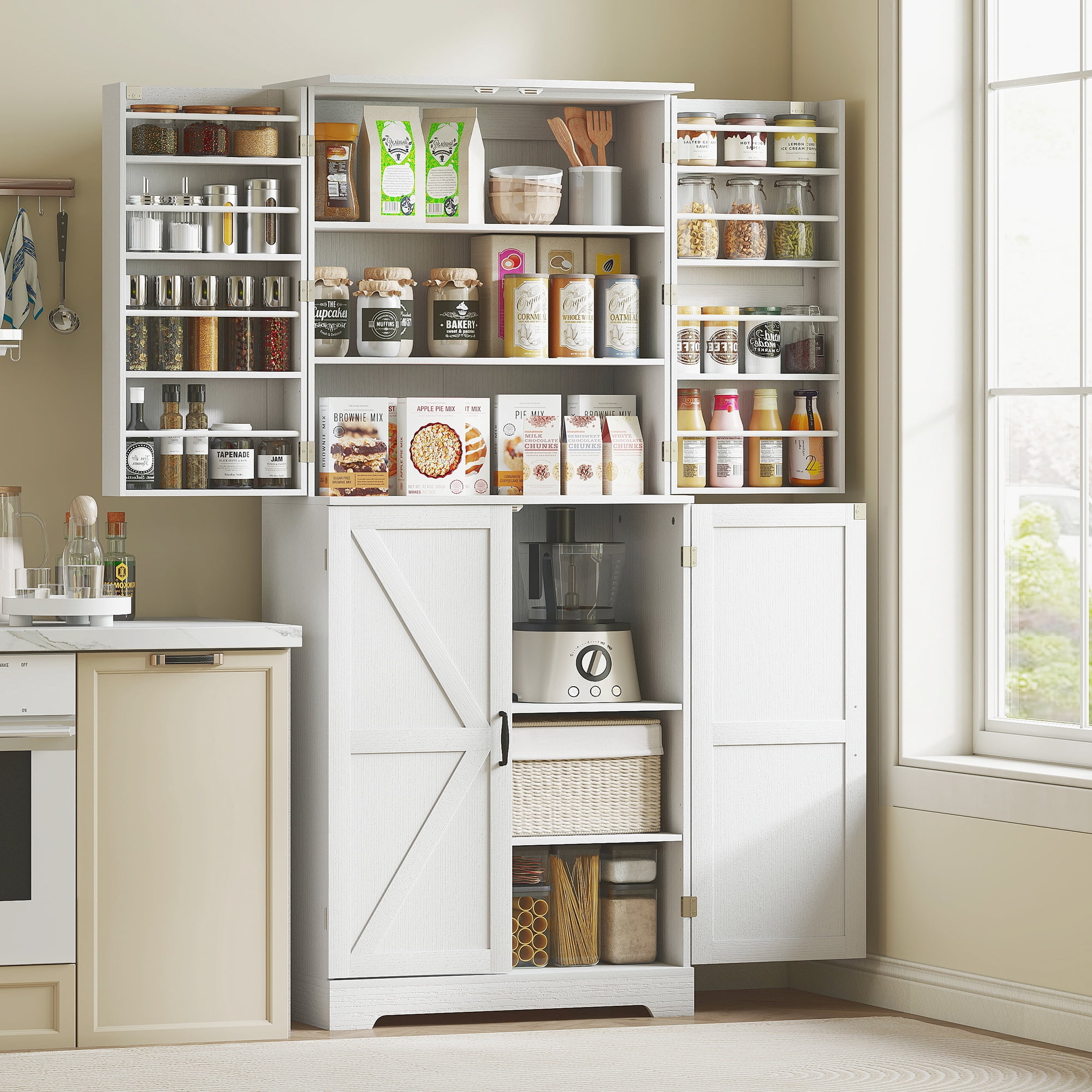 HOMCOM 72" Farmhouse Kitchen Pantry Cabinet, Tall Storage Cabinet with 4 Barn Doors, 4 Adjustable Shelves, 8 Door Shelves, Embossed White Wood Grain
