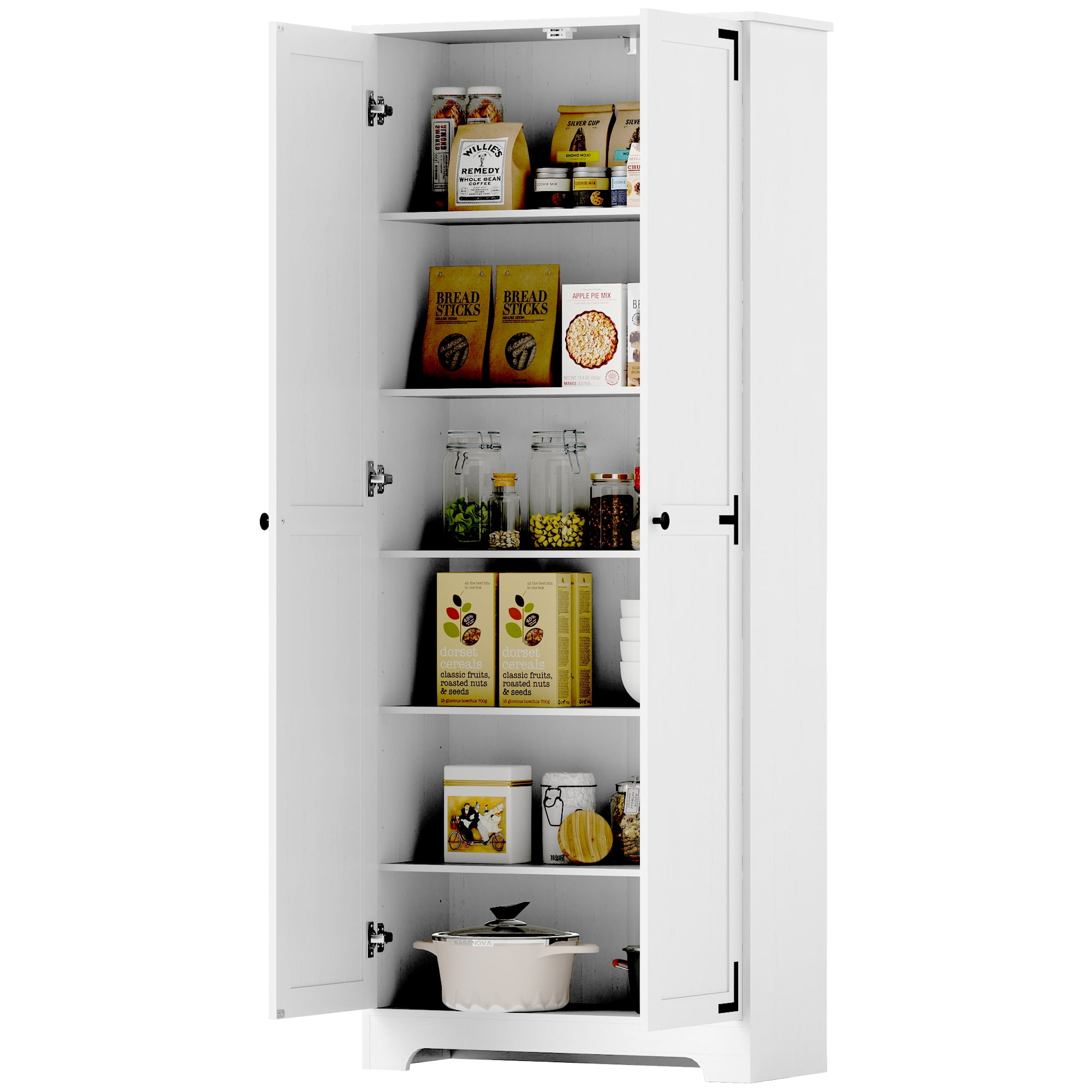 White Tall Farmhouse Pantry Cabinet with Adjustable Shelves