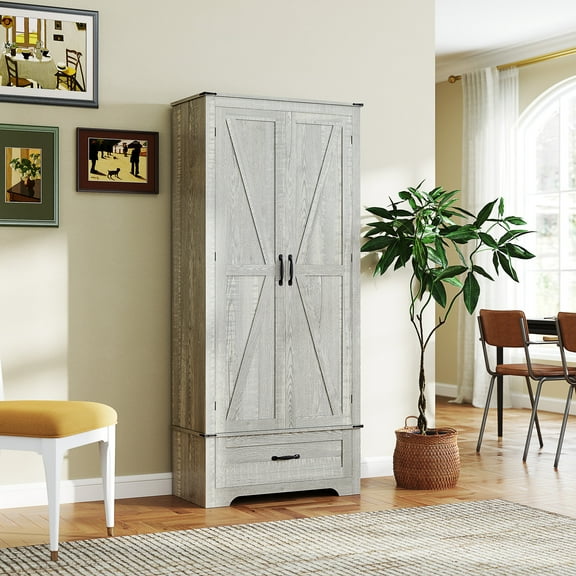 HOMCOM 72" Farmhouse Pantry Cabinet with Barn Doors, Tall Kitchen Pantry Storage Cabinet with Adjustable Shelves and Drawer, Distressed Light Gray