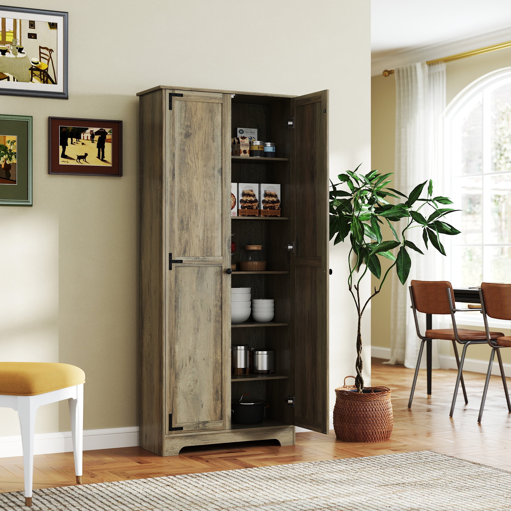 HOMCOM 72" Farmhouse Pantry Cabinet with Storage, Food Pantry Cabinet with Adjustable Shelves, Tall Storage Cabinet with 2 Doors, Distressed Gray