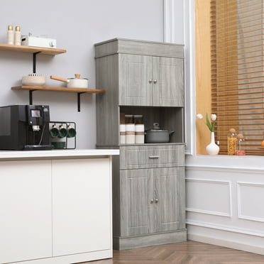 HOMCOM 72" Kitchen Buffet with Hutch, Freestanding Pantry Cabinet with Utility Drawer, 2 Door Cabinets, Adjustable Shelves and Countertop, Gray Wood Grain
