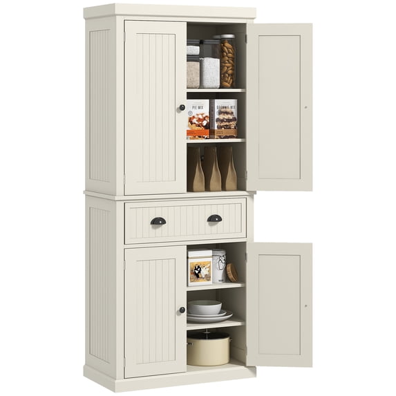 HOMCOM 72" Kitchen Pantry Cabinet, Freestanding Tall Storage Cabinet, Traditional Kitchen Cabinet with 4 Doors, Drawer and 3 Adjustable Shelves for Dining Room, Cream White