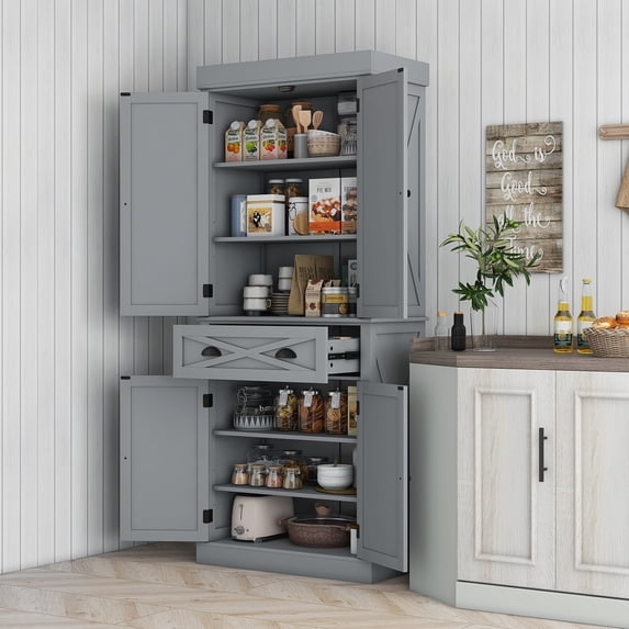 HOMCOM 72" Kitchen Pantry Cabinet, Traditional Freestanding Cupboard with 4 Doors and 2 Adjustable Shelves, Large Central Drawer, X-Frame, Gray