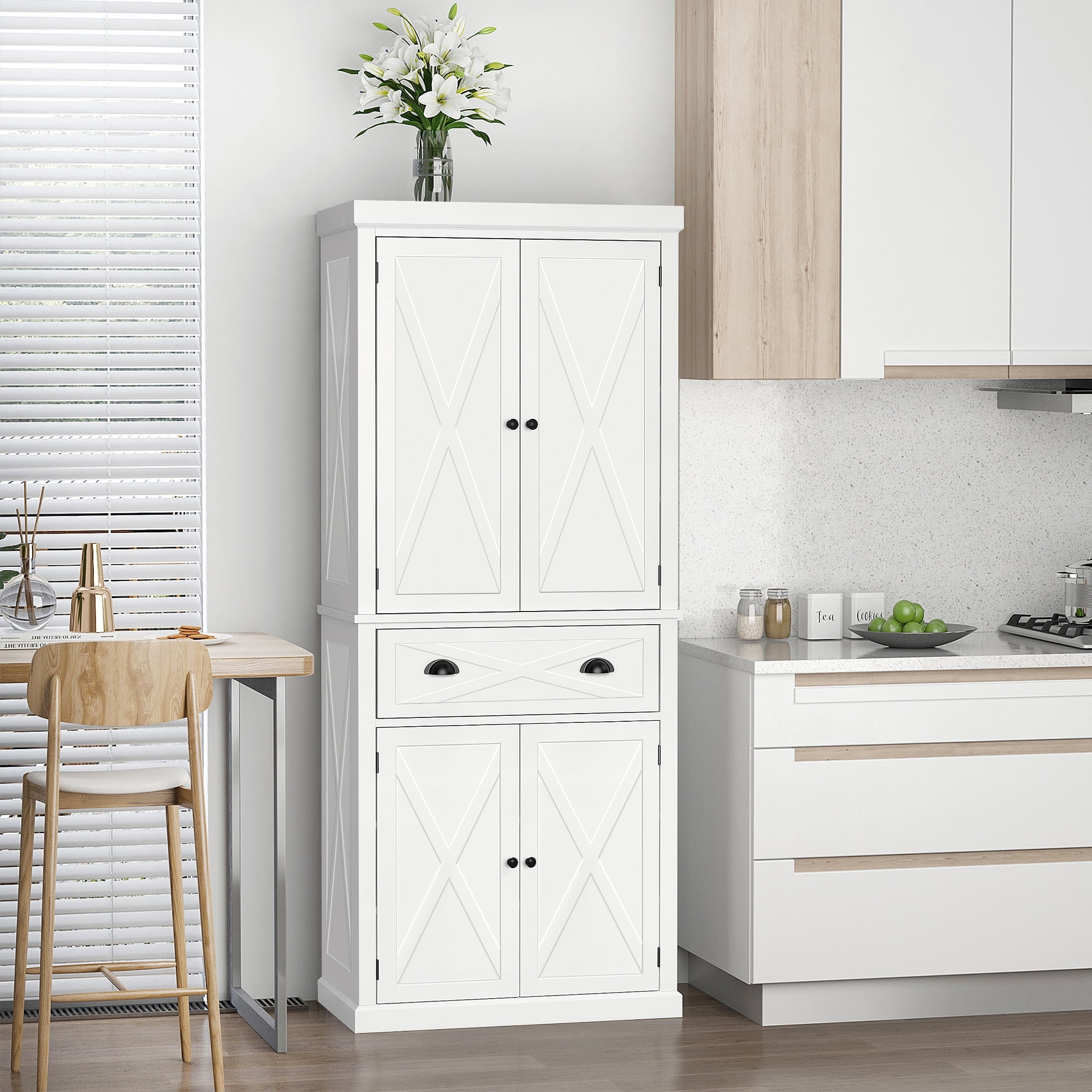 White Freestanding 4-Door Kitchen Pantry Cabinet with Drawer