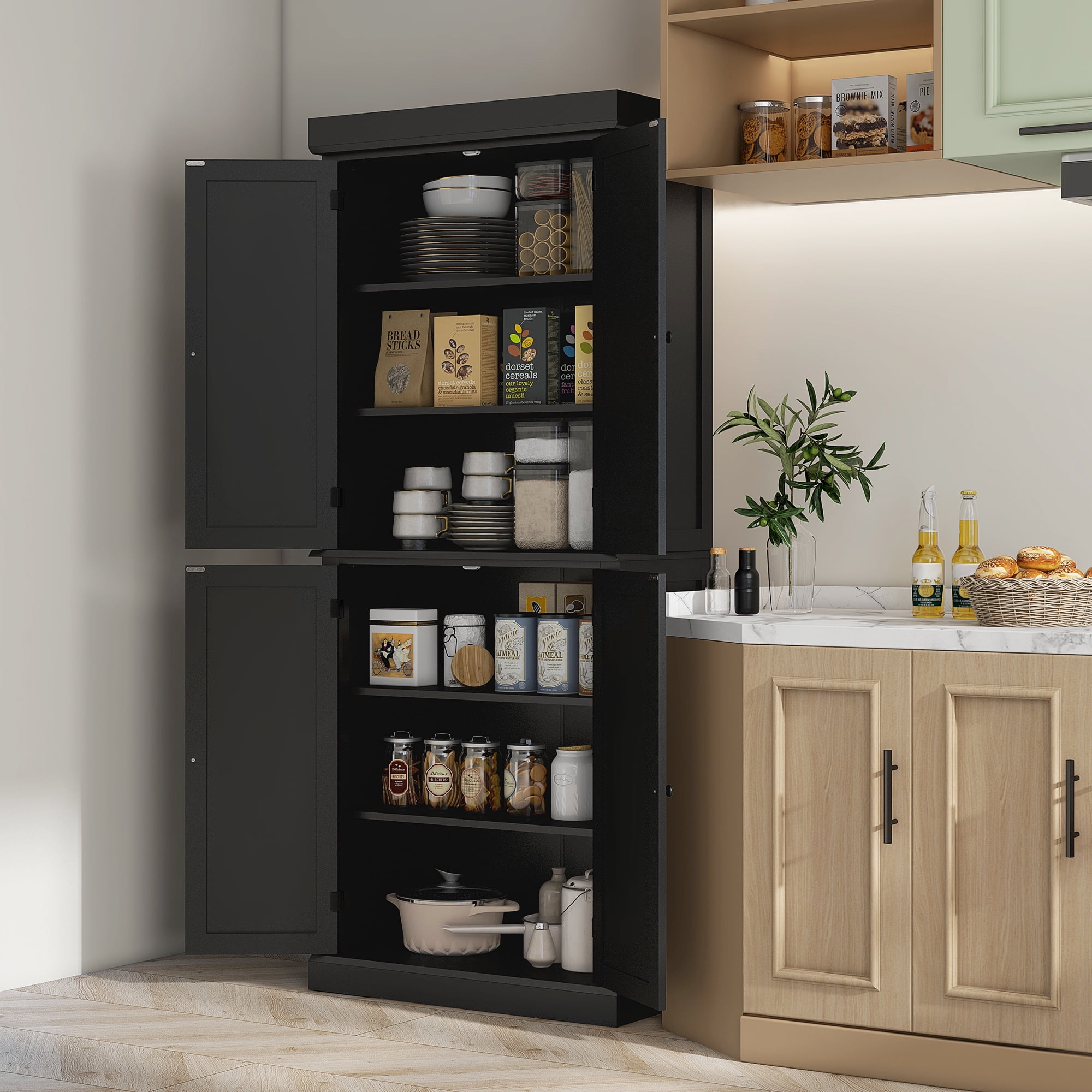 Tall Black MDF Kitchen Pantry Cabinet with Recessed Panel Doors