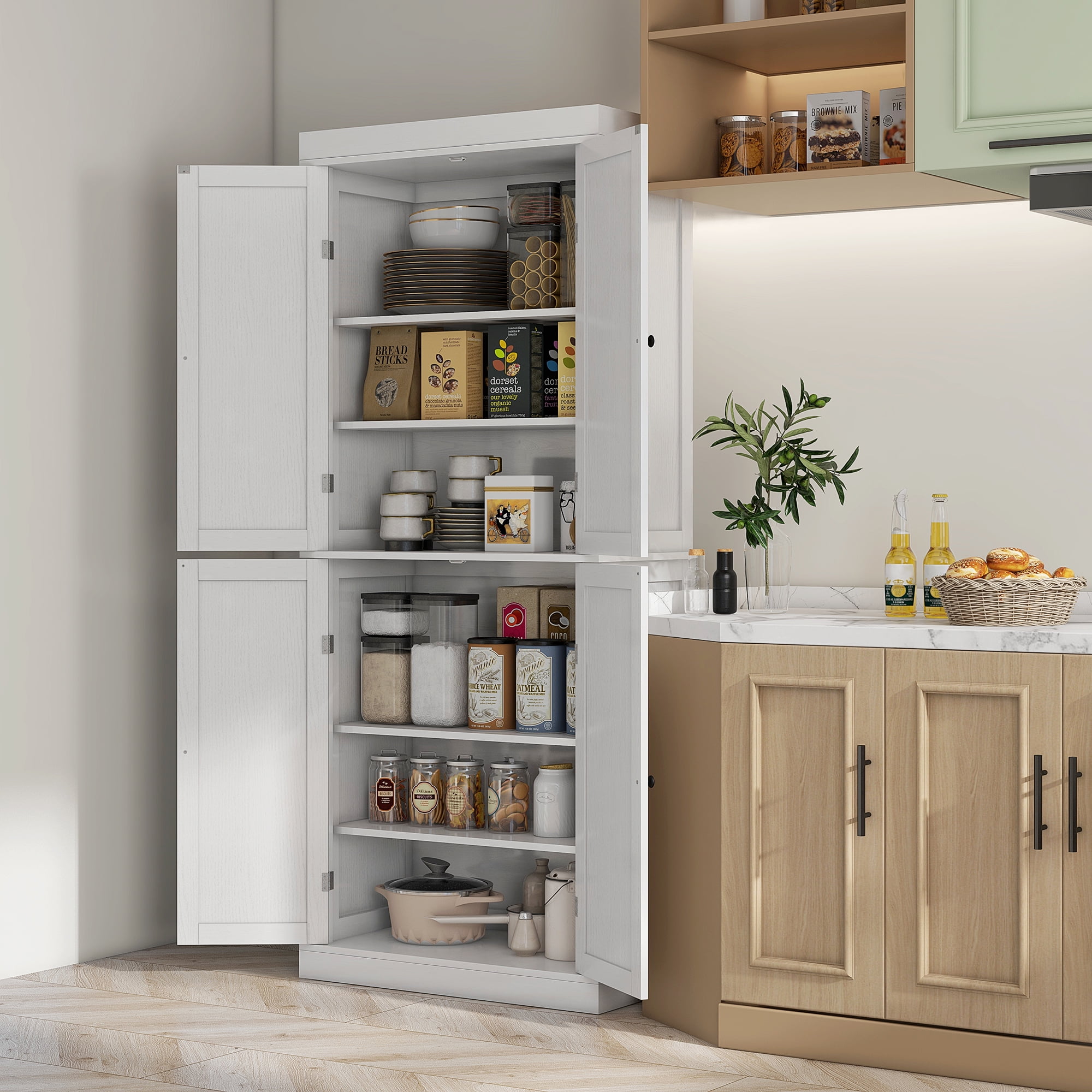 72" White Wood Grain Shaker Style Freestanding Kitchen Pantry Cabinet