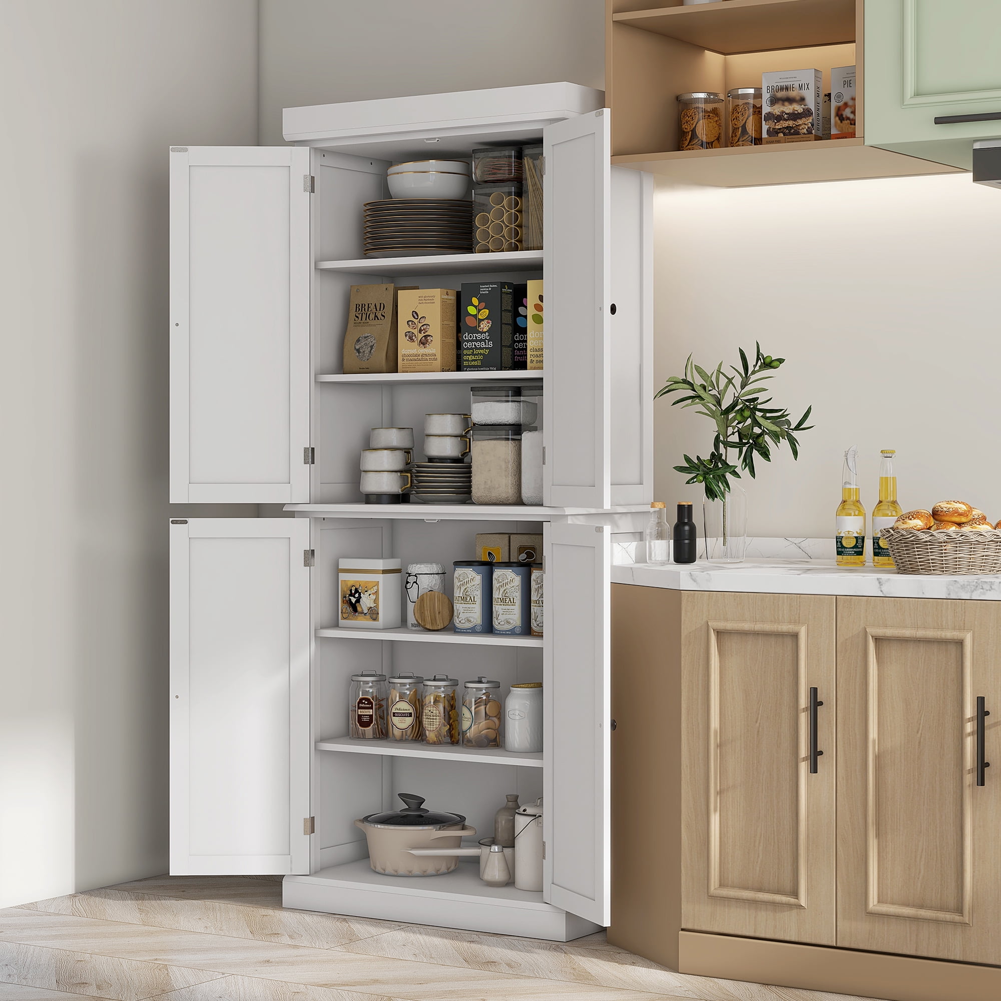 HOMCOM 72" Kitchen Pantry Storage Cabinet with 4 Doors, White