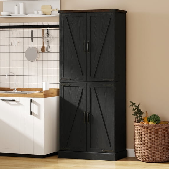 HOMCOM 72" Tall Kitchen Pantry Cabinet, Farmhouse Storage Cabinet with 8 Door Racks, Freestanding Food Pantry with Adjustable Shelves, Black