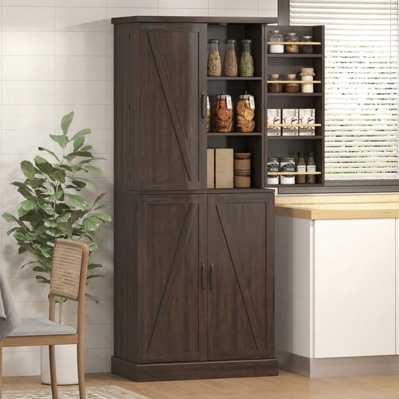 HOMCOM 72" Tall Kitchen Pantry Cabinet, Farmhouse Storage Cabinet with 8 Door Racks, Freestanding Food Pantry with Adjustable Shelves, Brown
