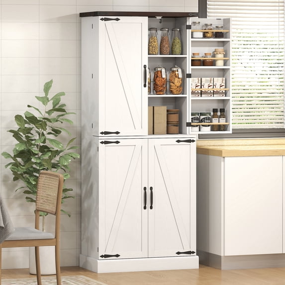 HOMCOM 72" Tall Kitchen Pantry Cabinet, Farmhouse Storage Cabinet with 8 Door Racks, Freestanding Food Pantry with Adjustable Shelves, White