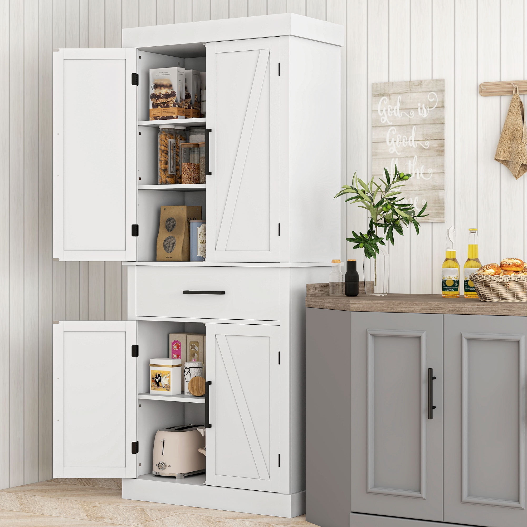 HOMCOM 72" Tall Kitchen Pantry Storage Cabinet, Farmhouse Freestanding Kitchen Cabinet with Barn Doors, Drawer and Adjustable Shelves, White