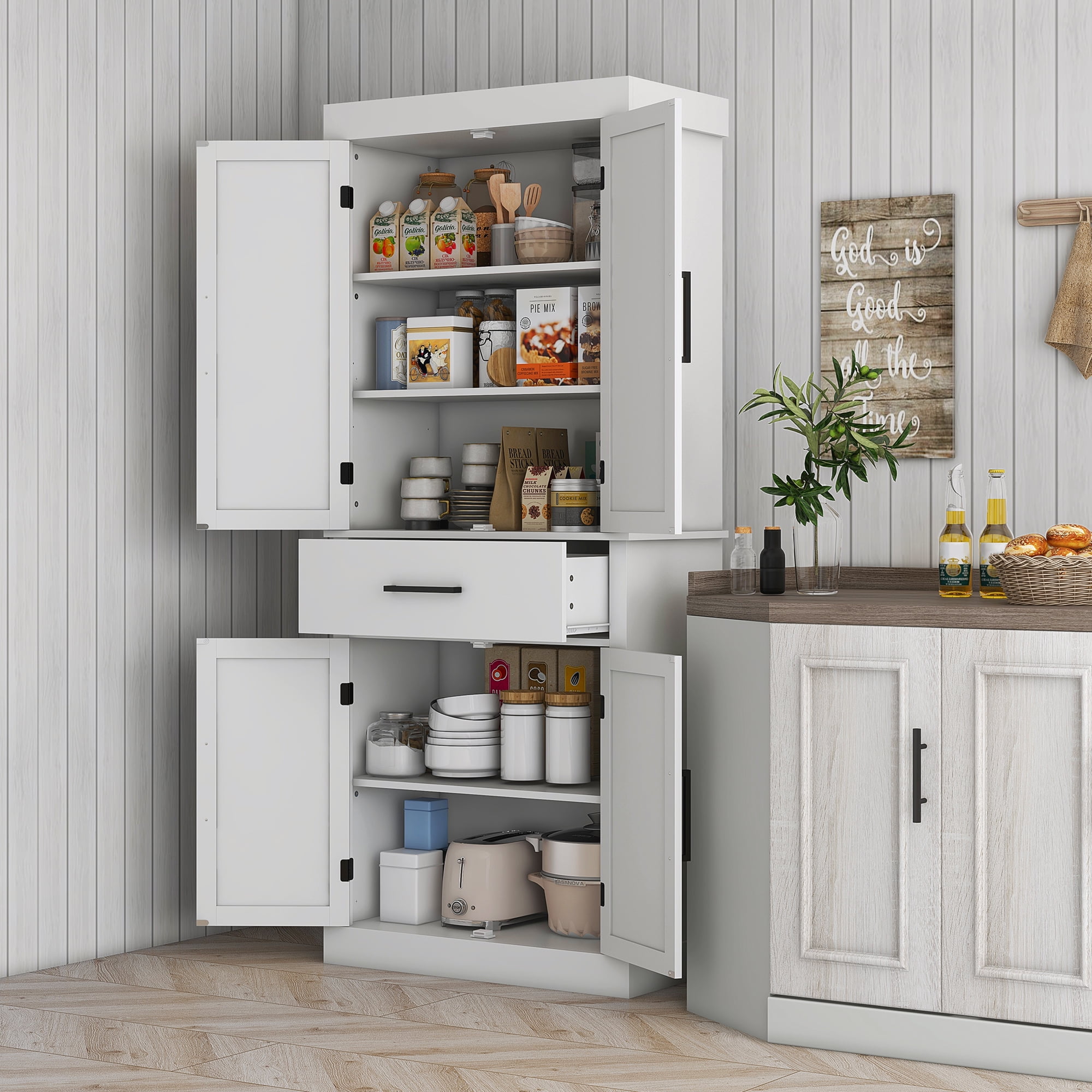 White Farmhouse Freestanding Kitchen Pantry Cabinet with Barn Doors