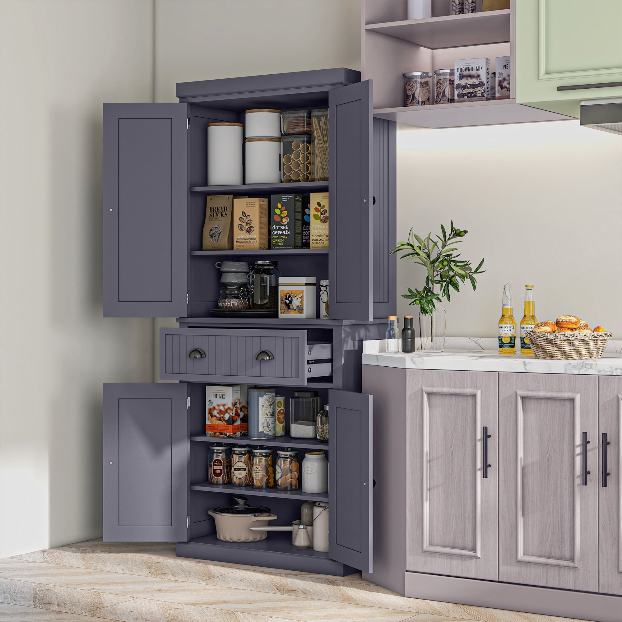 72" Tall Freestanding Navy Blue Kitchen Pantry Cabinet