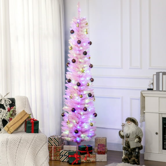 HOMCOM 7FT Pencil Artificial Christmas Tree with Colorful LED Lights Pink