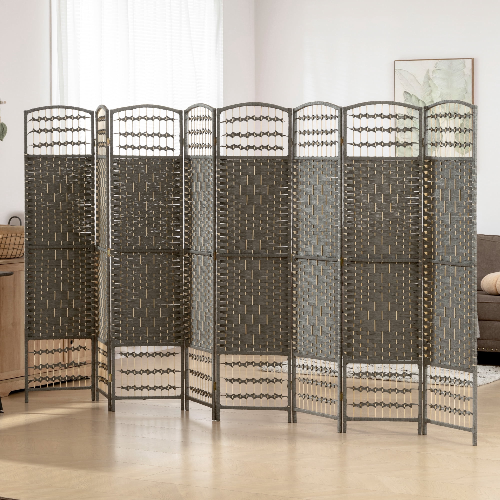 HOMCOM 8 Panel Room Divider, Folding Privacy Screen, 5.6' Room Separator, Wave Fiber Freestanding Partition Wall Divider, Dark Gray
