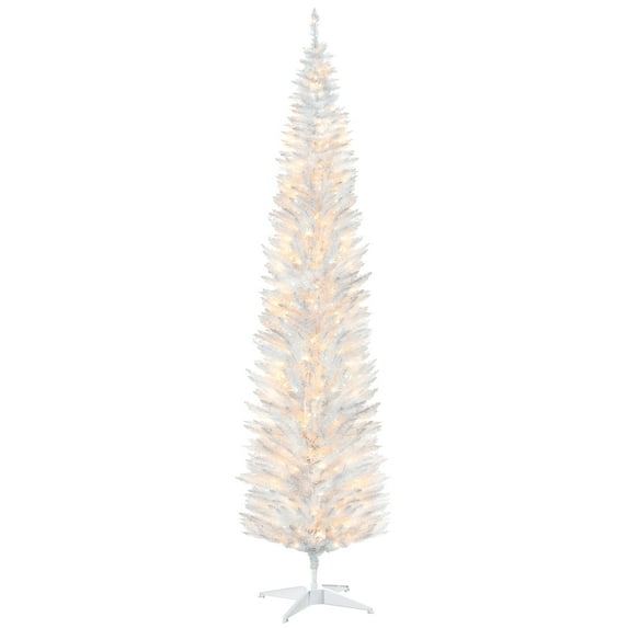 HOMCOM 8' Tall Pre-Lit Slim Noble Fir Artificial Christmas Tree with 300 Warm White LED Lights and 618 Tips, for Christmas Decoration, White
