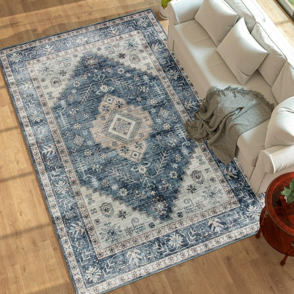 HOMCOM 8x10 Area Rug, Vintage Machine Washable Rug, Non-Slip Floor Carpet for Living Room, Bedroom, Dining Room, Home Office, Blue
