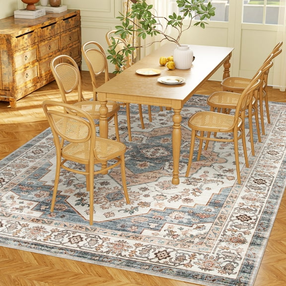 HOMCOM 8x10 Area Rug, Vintage Machine Washable Rug for Bedroom, Brown Blue