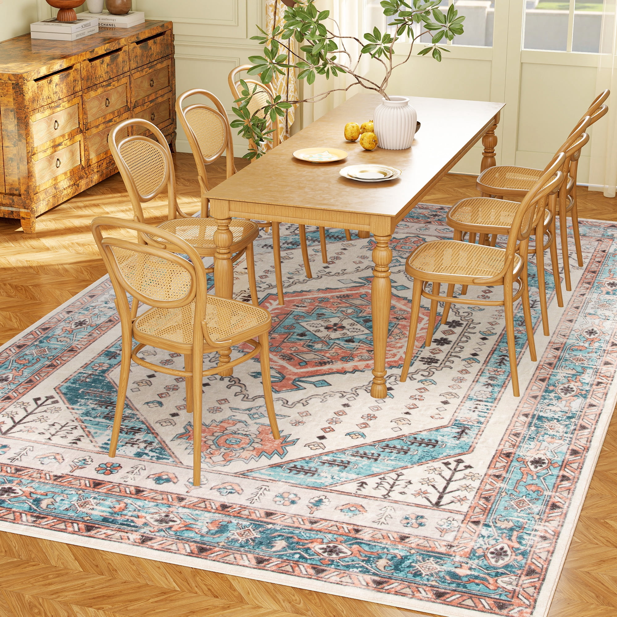 HOMCOM 8x10 Area Rug, Vintage Machine Washable Rug for Bedroom, Brown Blue