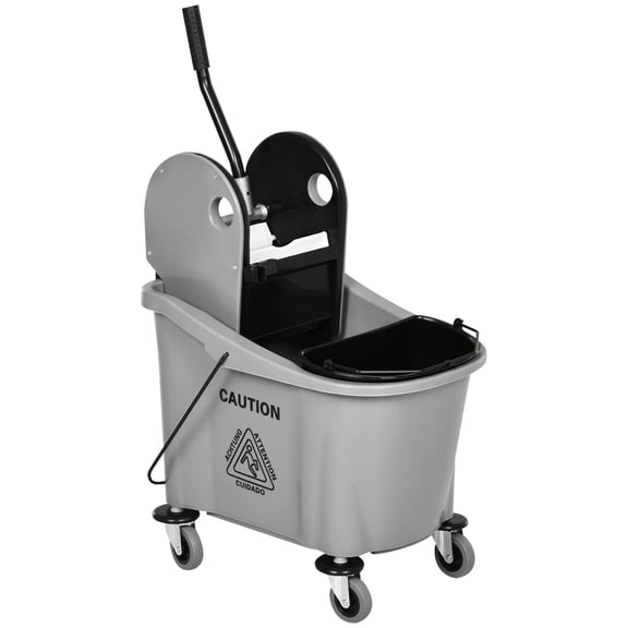 HOMCOM 9.5 Gallon (38 Quart) Mop Bucket with Wringer Cleaning Cart, 4 Moving Wheels, 2 Separate Buckets, & Mop-Handle Holder, Grey,