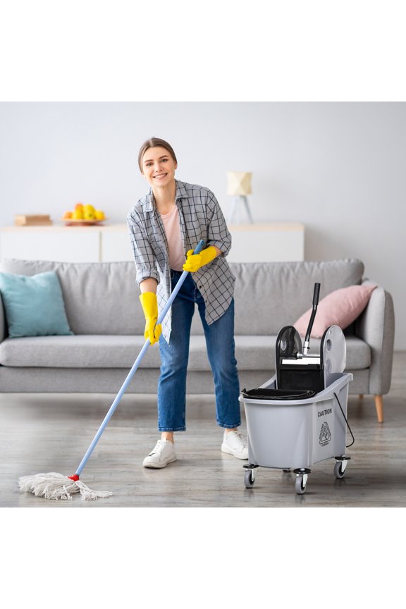 9.5 Gallon (38 Quart) Mop Bucket with Wringer Cleaning Cart, 4 Moving Wheels, 2 Separate Buckets, & Mop-Handle Holder, Grey