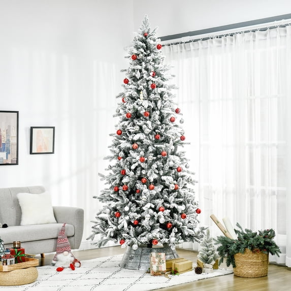 HOMCOM 9 Foot Pine Snow Flocked Artificial Christmas Tree with 616 Realistic Cedar Branches, Auto Open, Home Holiday Decoration, Green