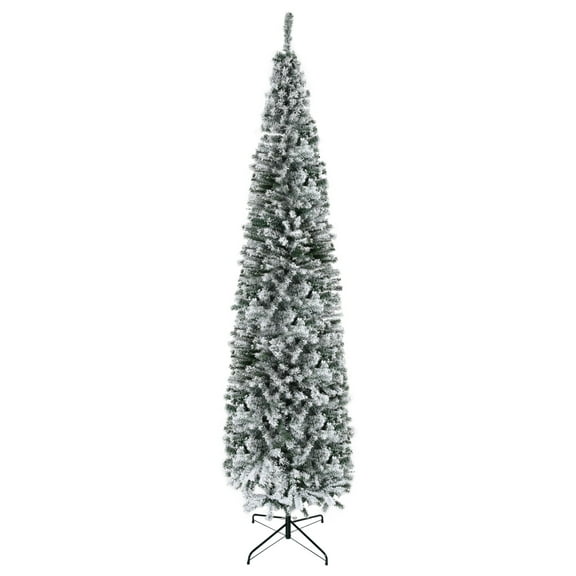 HOMCOM 9 Foot Snow Flocked Slim Artificial Christmas Tree with Realistic Branches and 1014 Tips for Holiday Home Decor