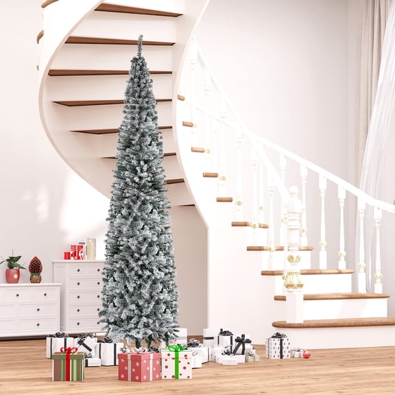 HOMCOM 9' Unlit Snow-Flocked Slim Artificial Christmas Tree with Realistic Branches and 1014 Tips