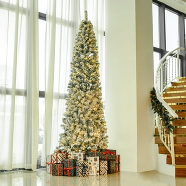 HOMCOM 9ft Pre-Lit Snow-Flocked Slim Douglas Fir Artificial Christmas Tree with Realistic Branches, 550 LED Lights and 988 Tips