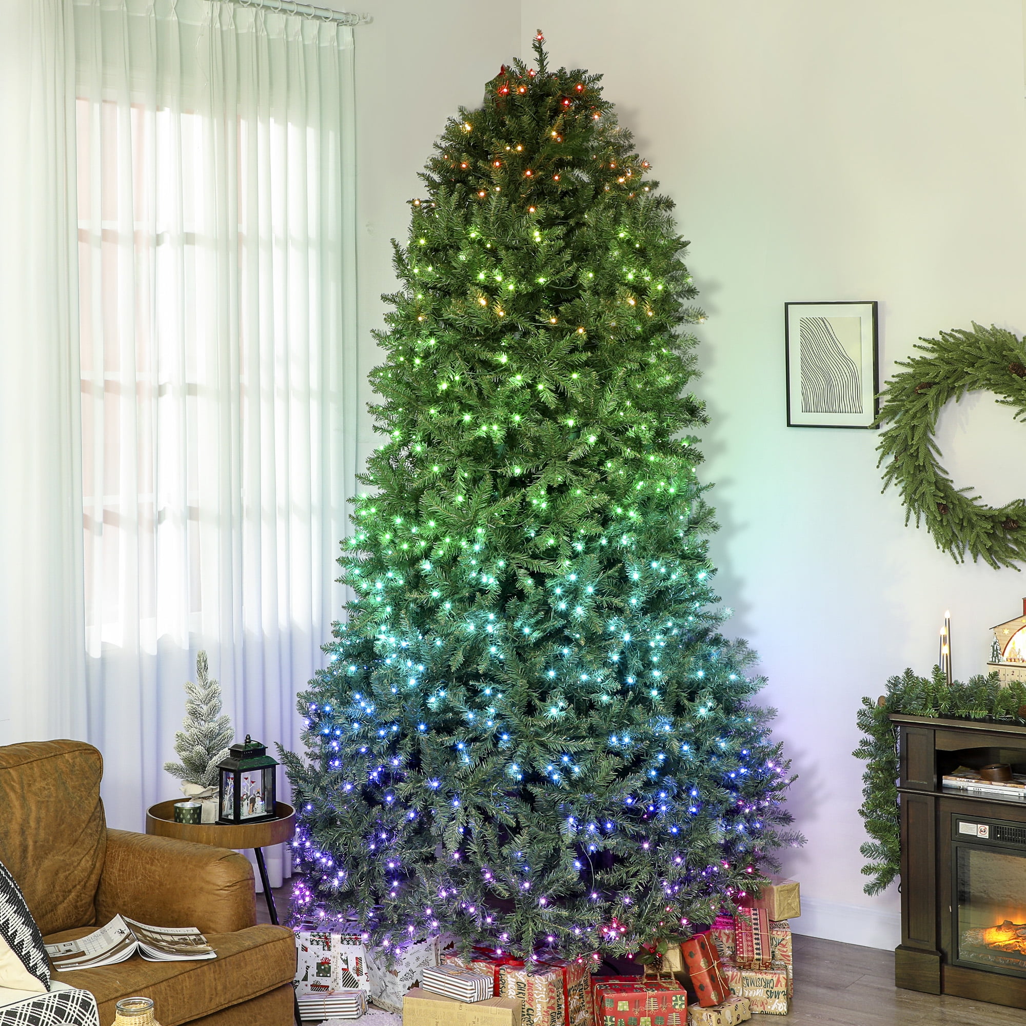 HOMCOM 9ft Prelit Christmas Tree with Full-Spectrum LEDs, App and Remote Control, Wide Full Hinged Xmas Tree for Holiday Decor, Easy Assembly
