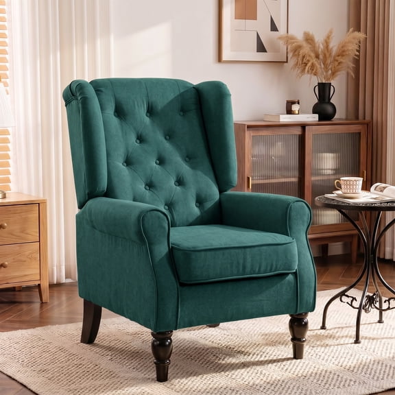 HOMCOM Button-Tufted Accent Chair with High Wingback, Rounded Cushioned Armrests and Thick Padded Seat, Dark Green