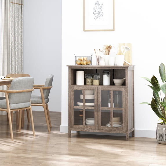 HOMCOM Accent Sideboard, Serving Storage Buffet Cabinet with 2 Open Components, Glass Door Cabinet and Adjustable Shelf, Oak