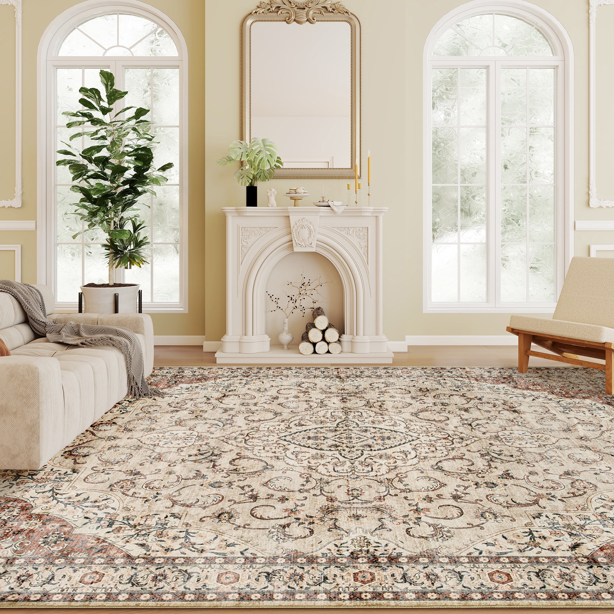 HOMCOM Area Rug 4x6, Machine Washable Rug, Non-Slip Classical Floral Print Floor Carpet for Living Room, Bedroom, Dining Room, Mixed-Brown