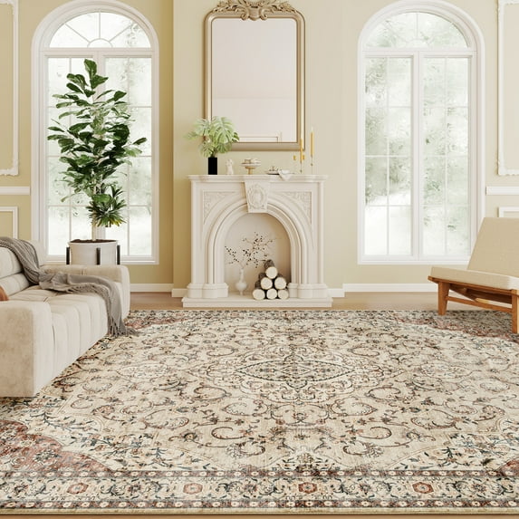 HOMCOM Area Rug 8x10, Machine Washable Rug, Non-Slip Classical Floral Print Floor Carpet for Living Room, Bedroom, Dining Room, Mixed-Brown