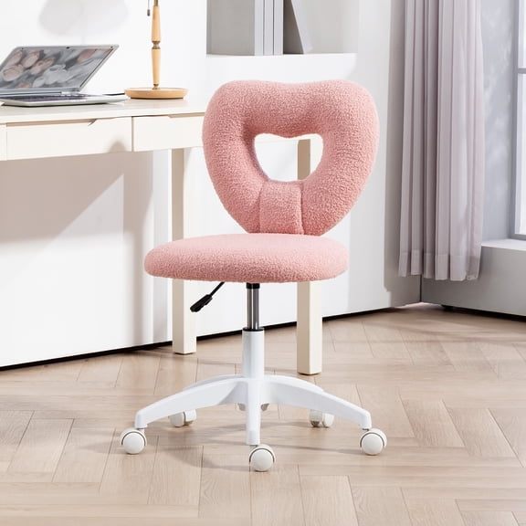 HOMCOM Armless Home Office Desk Chair, Computer Task Chair, Teddy Fleece Heart Makeup Vanity Chair with Swivel Wheels, Adjustable Height, Pink