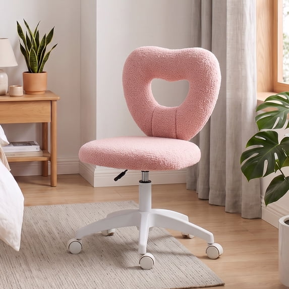 HOMCOM Armless Home Office Desk Chair, Computer Task Chair, Teddy Fleece Heart Makeup Vanity Chair with Swivel Wheels, Adjustable Height, Pink