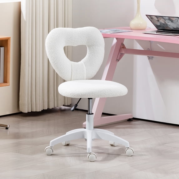 HOMCOM Armless Home Office Desk Chair, Computer Task Chair, Teddy Fleece Heart Makeup Vanity Chair with Swivel Wheels, Adjustable Height, White