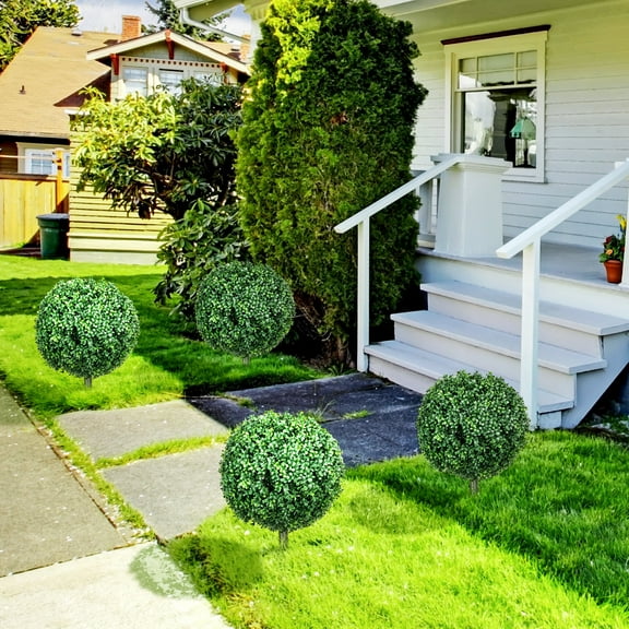 HOMCOM Artificial Boxwood Topiary Trees with Ground Stake, Set of 2 UV Resistant Fake Ball Shaped Plants for Indoor Outdoor