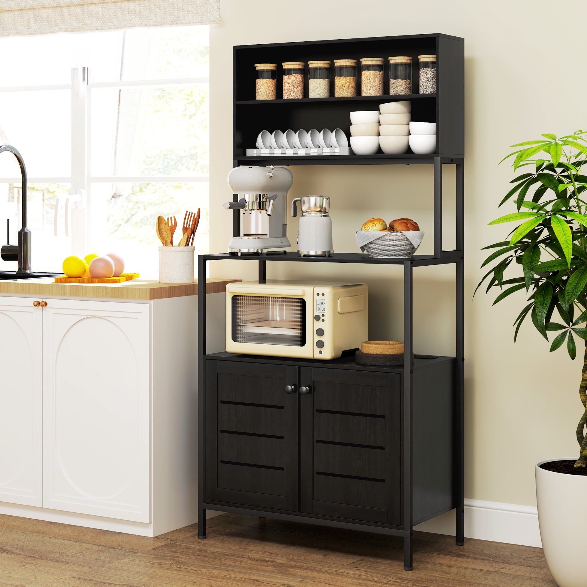 HOMCOM Baker's Rack with Power Outlet, Coffee Bar Cabinet with Storage Shelves, Microwave Stand with Louvred Door Cabinets, Black