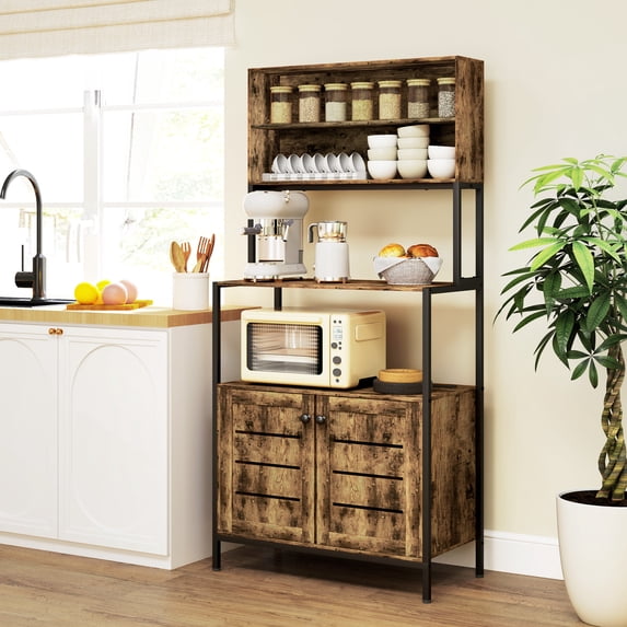 HOMCOM Baker's Rack with Power Outlet, Coffee Bar Cabinet with Storage Shelves, Microwave Stand with Louvred Door Cabinets, Rustic Brown