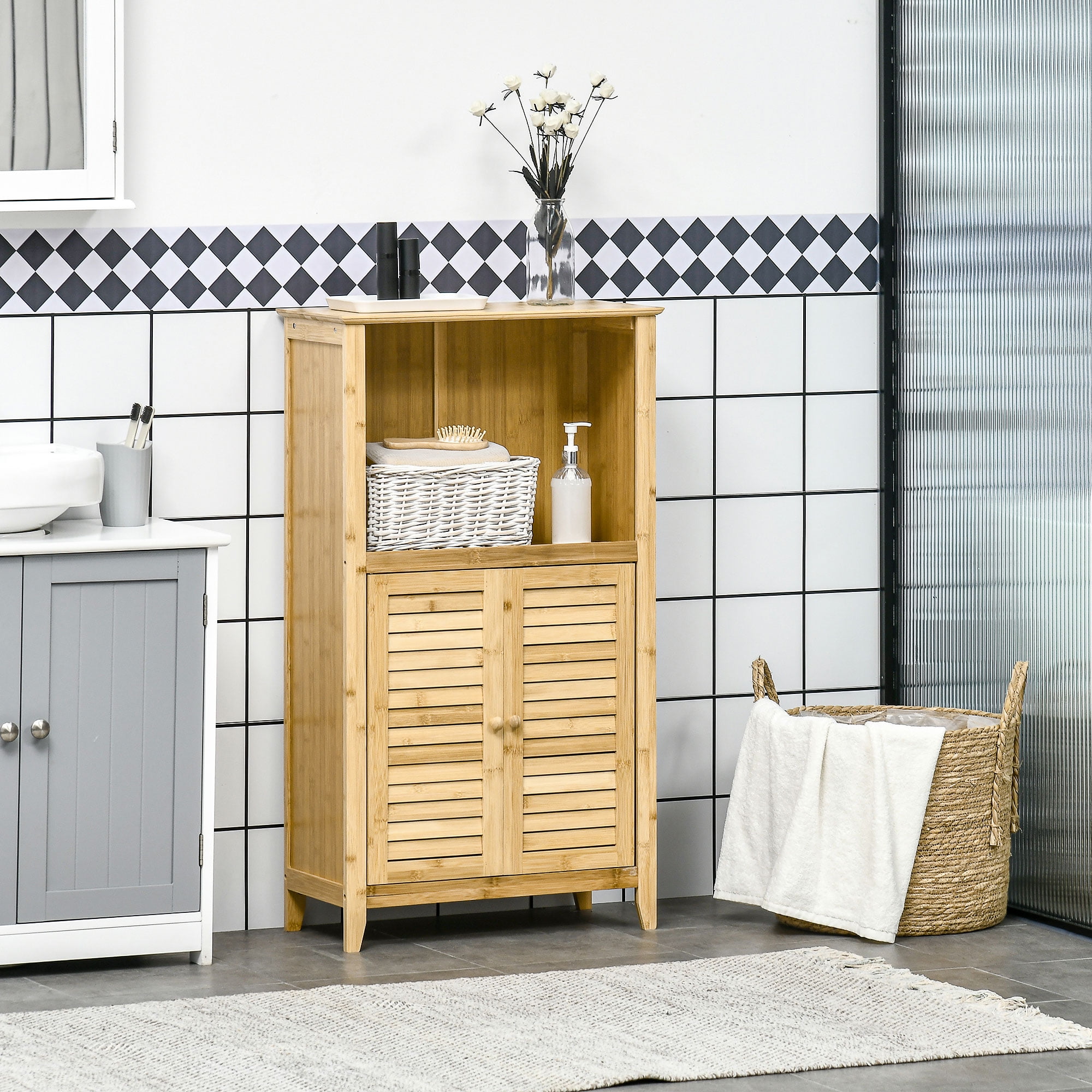 Natural Bamboo Living Room Storage Cabinet with Shelves and Doors