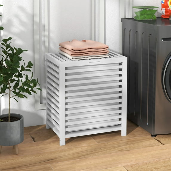 HOMCOM Bamboo Hamper Laundry Basket with Lid & Portable Removable Bag, Dirty Clothes Hamper Laundry Storage, White