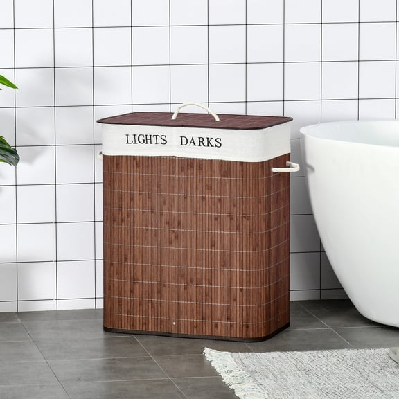 HOMCOM Bamboo Laundry Basket with Lid and String Handles, Collapsible Laundry Hamper with 2 Removable Bags, 2 Section Laundry Sorter, Brown