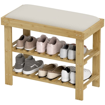 HOMCOM Bamboo Shoe Bench, Entryway Bench with Storage and Cushion, Cream