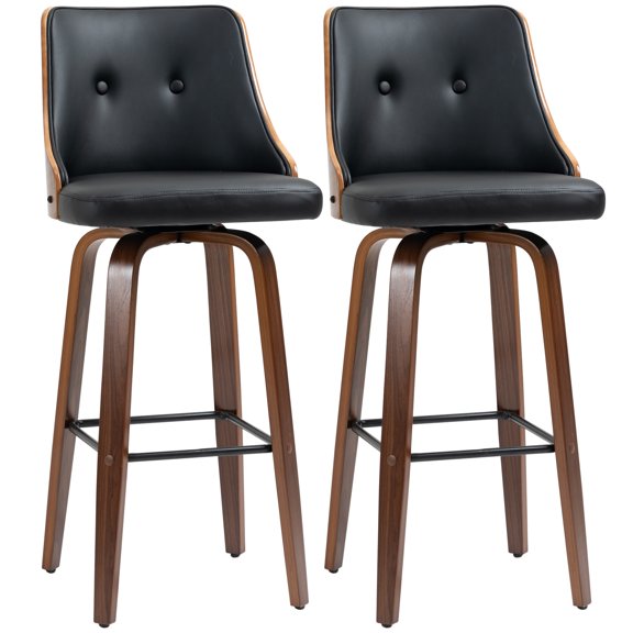 HOMCOM Bar Height Bar Stools, PU Leather Swivel Barstools with Footrest and Tufted Back, Set of 2, Black