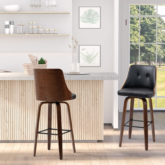 HOMCOM Bar Height Bar Stools Set of 4 PU Leather Swivel Barstools with Footrest and Tufted Back, Black