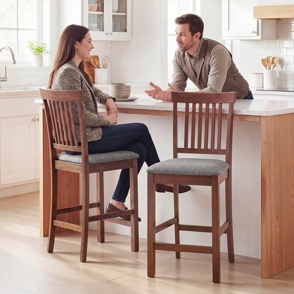 HOMCOM Bar Stools Set of 2, Modern Upholstered Barstools with High Back and Rubberwood Legs, Counter Height Kitchen Chairs, Gray and Dark Brown