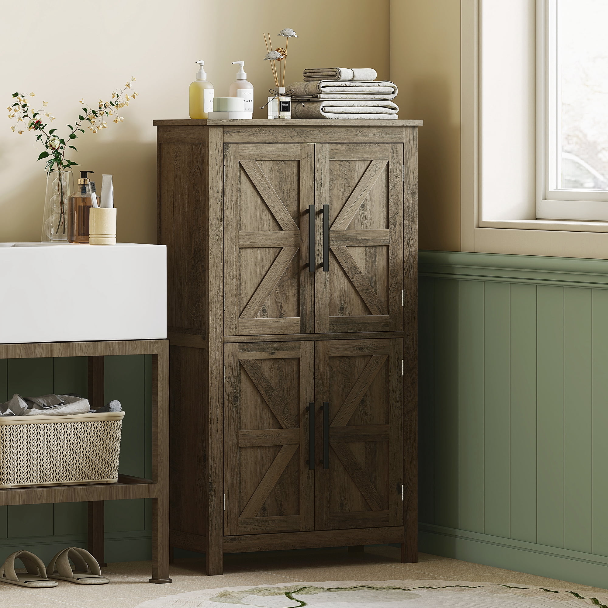 HOMCOM Bathroom Floor Cabinet, Farmhouse Bathroom Cabinet with Barn Doors, Bathroom Storage Cabinet with Adjustable Shelf, Brown