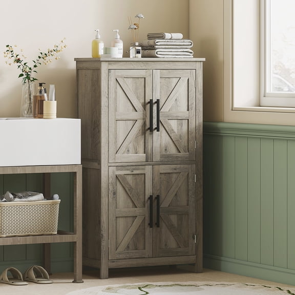 HOMCOM Bathroom Floor Cabinet, Farmhouse Bathroom Cabinet with Barn Doors, Bathroom Storage Cabinet with Adjustable Shelf, Light Gray