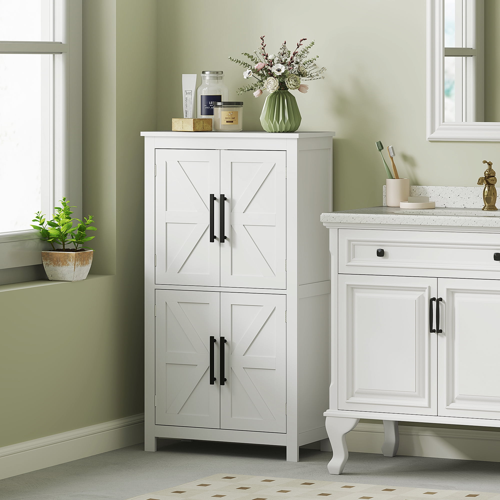 HOMCOM Bathroom Floor Cabinet, Farmhouse Bathroom Cabinet with Barn ...